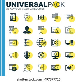 Set Of 25 Universal Icons On Focus Group, Keyword Optimisation, Opportunity And More Topics. Vector Icon Set Including Board, Presentation, Connectivity And Other Icons.