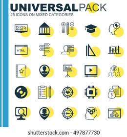 Set Of 25 Universal Icons On Education Center, Focus Group, Newsletter And More Topics. Vector Icon Set Including Pin Employee, Collaborative Solution, Keyword Optimisation And Other Icons.