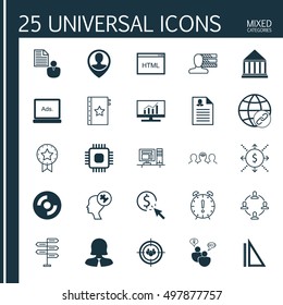 Set Of 25 Universal Icons On Money, Focus Group, Report And More Topics. Vector Icon Set Including Time Management, Employee Location, Measurement And Other Icons.