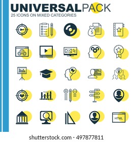 Set Of 25 Universal Icons On Keyword Marketing, Newsletter, Presentation And More Topics. Vector Icon Set Including Brain Process, Video Player, Opportunity And Other Icons.