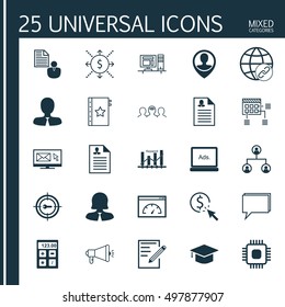 Set Of 25 Universal Icons On Computer, Media Campaign, Graduation And More Topics. Vector Icon Set Including Schedule, Keyword Marketing, Financial And Other Icons.