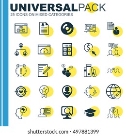 Set Of 25 Universal Icons On Loading Speed, Human Mind, Female Application And More Topics. Vector Icon Set Including Pin Employee, Blank Cd, Library And Other Icons.