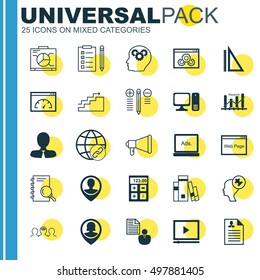 Set Of 25 Universal Icons On Video Player, Employee Location, Connectivity And More Topics. Vector Icon Set Including Report, Board, Pin Employee And Other Icons.