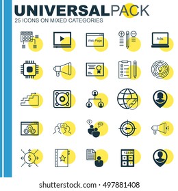 Set Of 25 Universal Icons On Certificate, Pin Employee, Website And More Topics. Vector Icon Set Including Certificate, Employee Location, Digital Media And Other Icons.