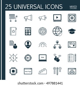 Set Of 25 Universal Icons On Media Campaign, Certificate, Graduation And More Topics. Vector Icon Set Including Warranty, Cooperation, Music And Other Icons.