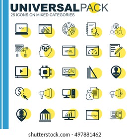Set Of 25 Universal Icons On Coding, Chip, Media Campaign And More Topics. Vector Icon Set Including Digital Media, Loading Speed, Pin Employee And Other Icons.