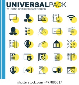 Set Of 25 Universal Icons On Employee Location, Music, Education Center And More Topics. Vector Icon Set Including Reminder, Female Application, Analysis And Other Icons.