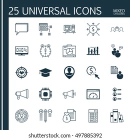 Set Of 25 Universal Icons On Graduation, Announcement, Computer And More Topics. Vector Icon Set Including Graduation, Keyword Optimisation, Computer And Other Icons.