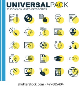 Set Of 25 Universal Icons On Graduation, Coaching, Connectivity And More Topics. Vector Icon Set Including Pin Employee, SEO Brainstorm, Loading Speed And Other Icons.