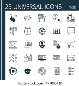 Set Of 25 Universal Icons On Decision Making, Schedule, Report And More Topics. Vector Icon Set Including Conference, SEO Brainstorm, Newsletter And Other Icons.