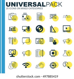 Set Of 25 Universal Icons On Computer, Video Player, Focus Group And More Topics. Vector Icon Set Including Decision Making, Announcement, Growth And Other Icons.