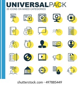 Set Of 25 Universal Icons On Report, Pc, Investment And More Topics. Vector Icon Set Including Discussion, Video Player, Investment And Other Icons.