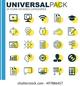 Set Of 25 Universal Icons On Video Player, Conference, Opportunity And More Topics. Vector Icon Set Including Opportunity, Curriculum Vitae, Graduation And Other Icons.