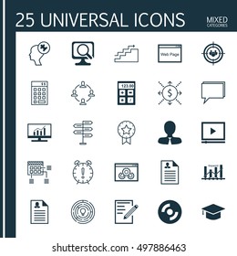 Set Of 25 Universal Icons On Present Badge, Focus Group, Video Player And More Topics. Vector Icon Set Including Laptop, Schedule, Video Player And Other Icons.