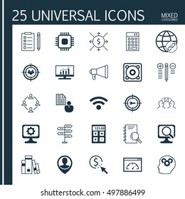 Set Of 25 Universal Icons On Pc, Focus Group, Wireless And More Topics. Vector Icon Set Including Connectivity, Library, Brain Process And Other Icons.