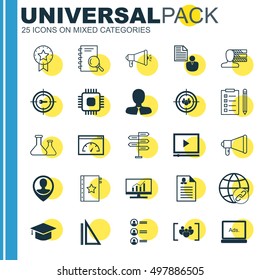 Set Of 25 Universal Icons On Opportunity, Questionnaire, Market Research And More Topics. Vector Icon Set Including Present Badge, Questionnaire, Chemical And Other Icons.