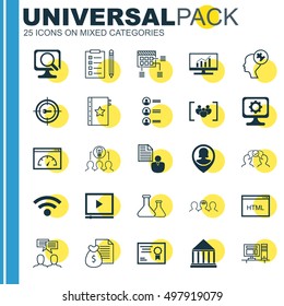 Set Of 25 Universal Icons On Certificate, Coaching, Wireless And More Topics. Vector Icon Set Including Warranty, Cooperation, Questionnaire And Other Icons.