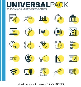 Set Of 25 Universal Icons On Analysis, Education Center, Questionnaire And More Topics. Vector Icon Set Including Keyword Optimisation, Music, Wireless And Other Icons.