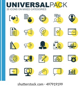 Set Of 25 Universal Icons On Female Application, Business Woman, Present Badge And More Topics. Vector Icon Set Including Computer, Website Performance, Conference And Other Icons.
