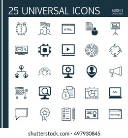 Set Of 25 Universal Icons On Reminder, Newsletter, Coding And More Topics. Vector Icon Set Including Time Management, Employee Location, Tree Structure And Other Icons.
