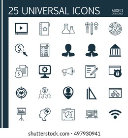 Set Of 25 Universal Icons On Pc, Paper, Focus Group And More Topics. Vector Icon Set Including Innovation, Website Performance, Collaborative Solution And Other Icons.