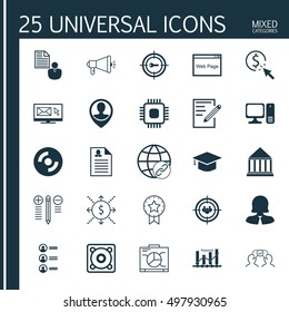 Set Of 25 Universal Icons On Computer, Employee Location, Cooperation And More Topics. Vector Icon Set Including Job Applicants, Report, Education Center And Other Icons.