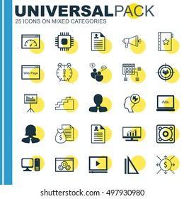 Set Of 25 Universal Icons On Report, Human Mind, Computer And More Topics. Vector Icon Set Including Business Woman, Presentation, Report And Other Icons.