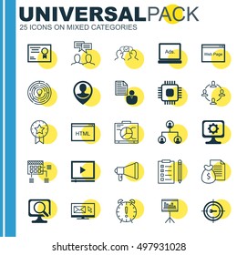 Set Of 25 Universal Icons On Keyword Marketing, Newsletter, Certificate And More Topics. Vector Icon Set Including Coding, Schedule, Discussion And Other Icons.