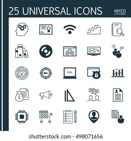 Set Of 25 Universal Icons On Certificate, Curriculum Vitae, SEO Brainstorm And More Topics