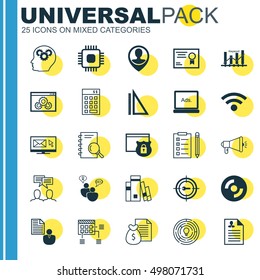 Set Of 25 Universal Icons On Brain Process, Website Performance, Keyword Marketing And More Topics