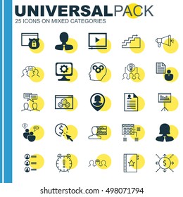 Set Of 25 Universal Icons On Pin Employee, Video Player, Brain Process And More Topics
