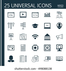 Set Of 25 Universal Icons On Video Player, Opportunity, Laptop And More Topics