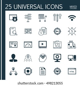 Set Of 25 Universal Icons On Coding, Certificate, Chip And More Topics. Vector Icon Set Including Security, Wireless, Computer And Other Elements.