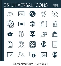 Set Of 25 Universal Icons On Chemical, Pin Employee, Coding And More Topics. Vector Icon Set Including Security, Blank Cd, Curriculum Vitae And Other Elements.