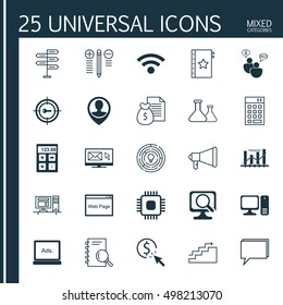 Set Of 25 Universal Icons On Newsletter, Wireless, Laptop And More Topics. Vector Icon Set Including Growth, Chemical, Financial And Other Icons.