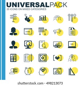 Set Of 25 Universal Icons On Market Research, Keyword Optimisation, Business Woman And More Topics. Vector Icon Set Including Schedule, Music, Time Management And Other Elements.