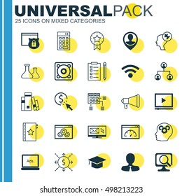 Set Of 25 Universal Icons On Money, Employee Location, Announcement And More Topics. Vector Icon Set Including Announcement, Tree Structure, Graduation And Other Elements.