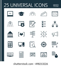 Set Of 25 Universal Icons On Paper, Graduation, Report And More Topics. Vector Icon Set Including Website Performance, Money, Opportunity And Other Elements.
