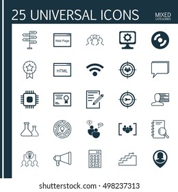 Set Of 25 Universal Icons On Analysis, SEO Brainstorm, Announcement And More Topics. Vector Icon Set Including Wireless, Growth, Paper And Other Elements.