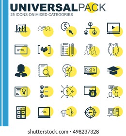 Set Of 25 Universal Icons On Newsletter, Keyword Optimisation, Coding And More Topics. Vector Icon Set Including Present Badge, Job Applicants, Time Management And Other Elements.