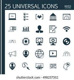 Set Of 25 Universal Icons On Education Center, Human Mind, Connectivity And More Topics. Vector Icon Set Including Coaching, Digital Media, Announcement And Other Elements.