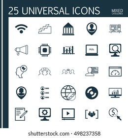 Set Of 25 Universal Icons On Market Research, PPC, Laptop And More Topics. Vector Icon Set Including Questionnaire, Chip, Cooperation And Other Elements.
