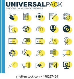 Set Of 25 Universal Icons On Investment, Present Badge, Website And More Topics. Vector Icon Set Including Opportunity, Certificate, Chip And Other Elements.