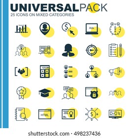 Set Of 25 Universal Icons On Questionnaire, Graduation, Pin Employee And More Topics. Vector Icon Set Including Reminder, Keyword Marketing, Pin Employee And Other Elements.