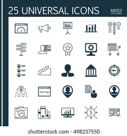Set Of 25 Universal Icons On Schedule, Media Campaign, Keyword Optimisation And More Topics. Vector Icon Set Including Present Badge, Personal Skills, Keyword Optimisation And Other Elements.