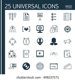 Set Of 25 Universal Icons On Growth, Media Campaign, Collaboration And More Topics. Vector Icon Set Including Questionnaire, Analysis, Coding And Other Elements.