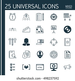 Set Of 25 Universal Icons On Blank Cd, Innovation, Curriculum Vitae And More Topics. Vector Icon Set Including Focus Group, Questionnaire, Time Management And Other Elements.