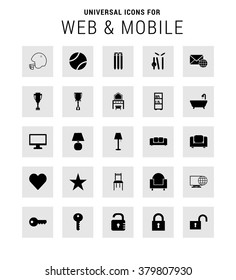 Set of 25 Universal icons. simple pictogram minimal, flat, solid, mono, monochrome, plain, contemporary style. Vector illustration web internet design elements