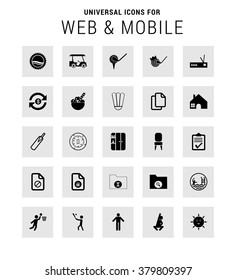 Set of 25 Universal icons. simple pictogram minimal, flat, solid, mono, monochrome, plain, contemporary style. Vector illustration web internet design elements