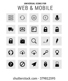 Set of 25 Universal icons. simple pictogram minimal, flat, solid, mono, monochrome, plain, contemporary style. Vector illustration web internet design elements